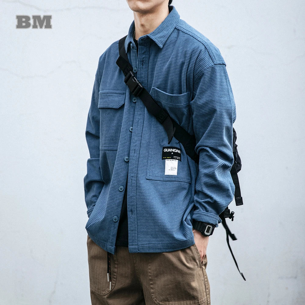 Japanese Streetwear High Quality Waffle Plaid Shirts Men Clothing